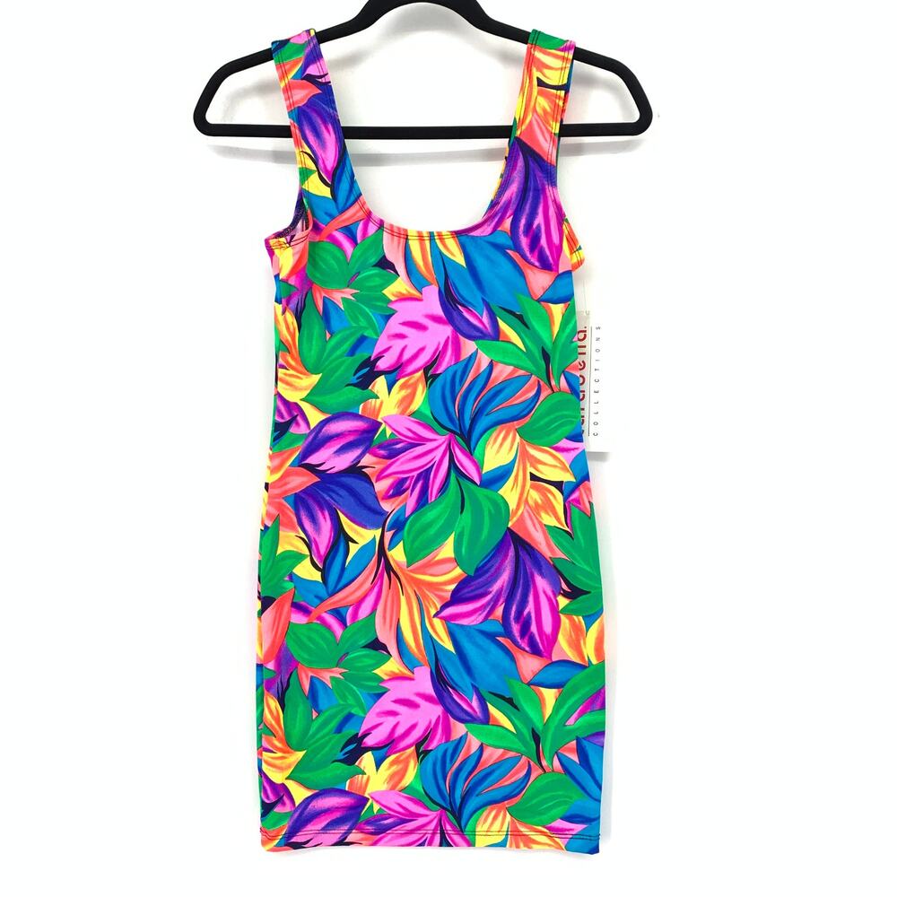 Vintage 80s Carabella Spandex Tank Dress Womens Sz Small Neon Floral Print